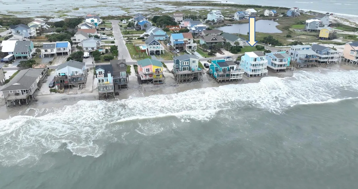 A row of beautiful beachfront houses faces the rolling ocean waves, with a sandy shoreline leading to the water and a tranquil coastal road visible behind. The scene captures the close connection between the homes and the expansive beach, inviting viewers to imagine easy access for morning walks or playful outings with pets.